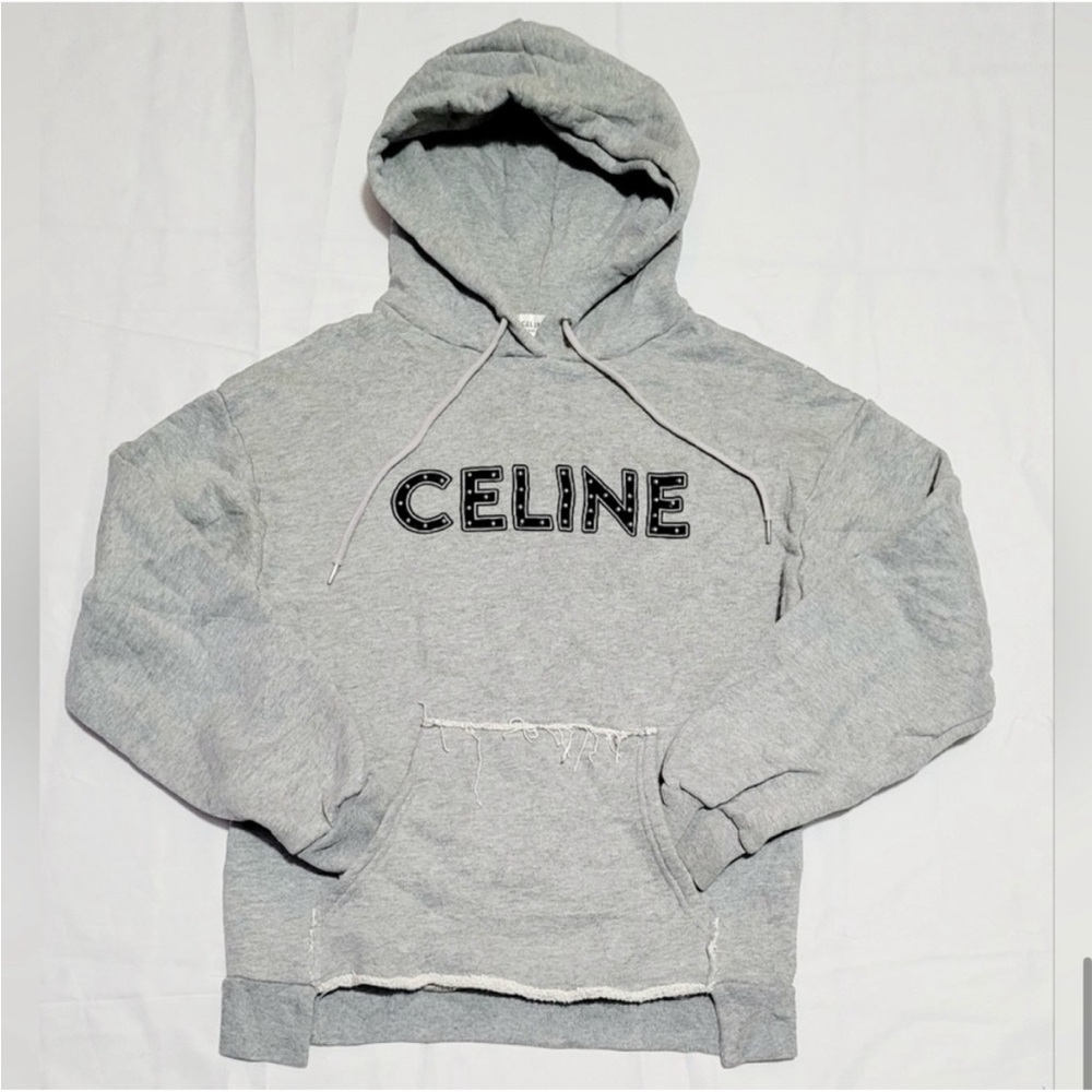 Céline Grey Logo Pullover Hoodie | Distressed Hem | Authentic